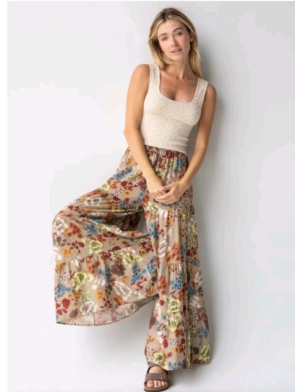NATURAL LIFE Beige Floral Wide Leg Jumpsuit Pants